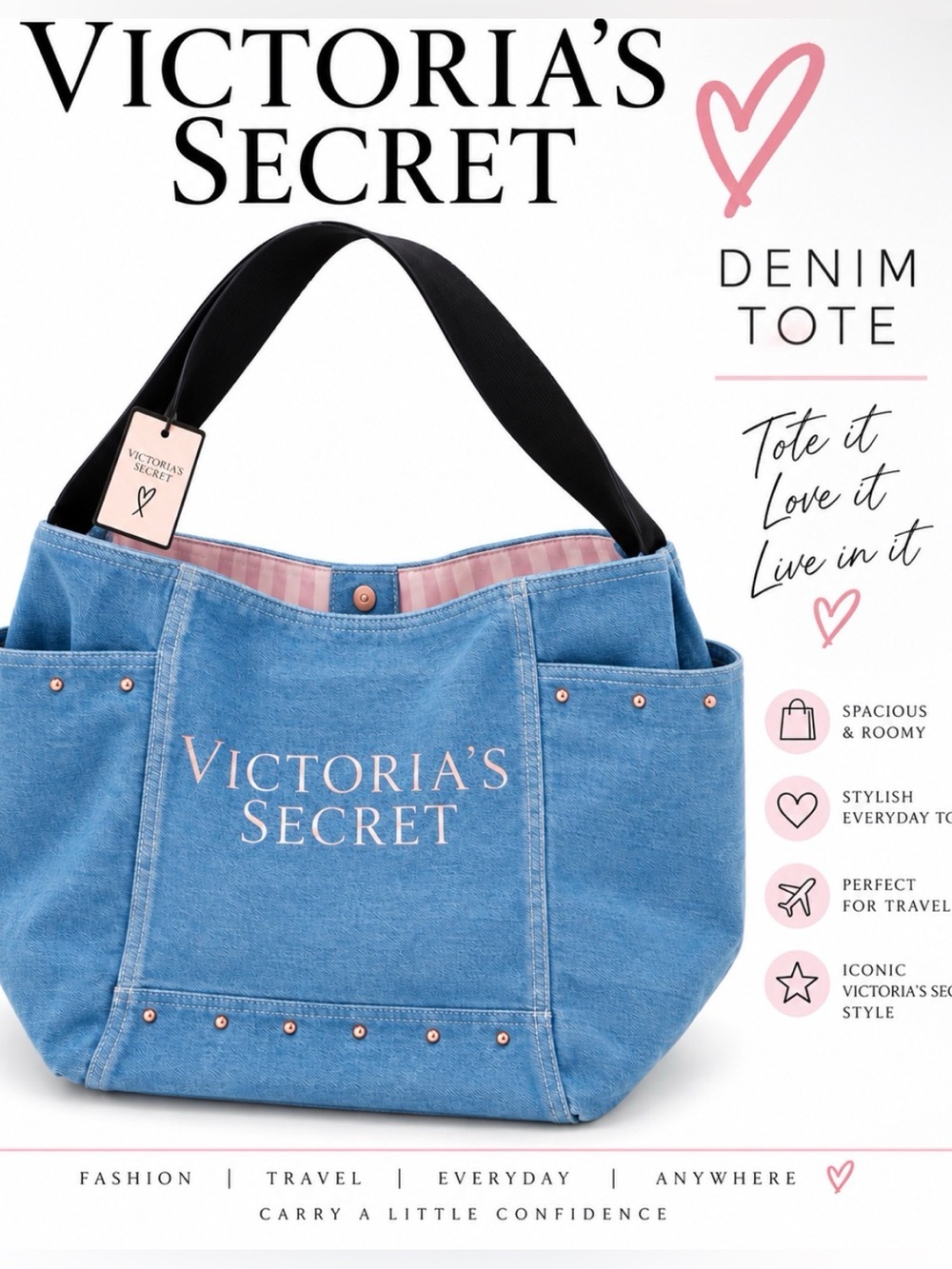 Victoria's Secret Blue Denim Tote with Pockets